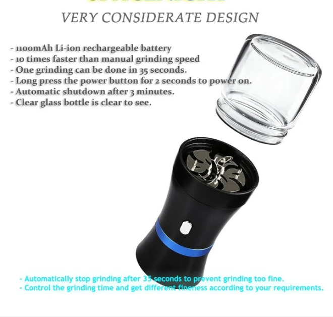 Electric Herb Grinder COMPACT for Flower Buds, USB-Rechargeable, 2pcs 1.7oz Glass Herb Chamber - Ideal for Everyday Carry (Electric Grinder Set 3)