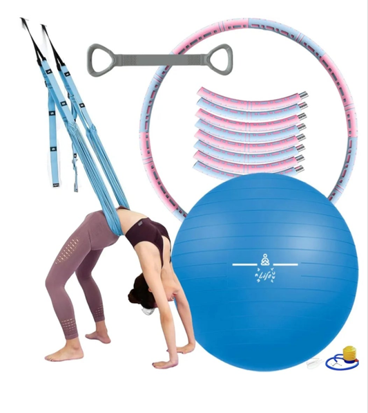 Yoga Set 4 in 1 Pilates Set. Anti-Burst and Slip Resistant Yoga Ball. Leg Stretcher Strap for Pilates. Free Weight Hula Hoop for Workout. Figure 8 Fitness Resistance Band