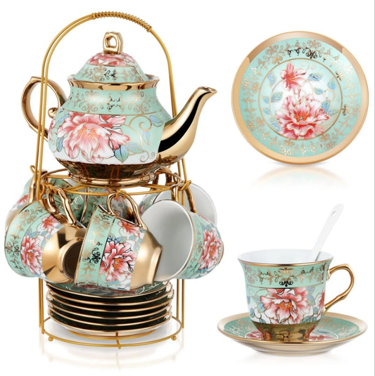 Ceramic 20 Pcs Porcelain Tea Set With Metal Holder Adult Tea Party Set European Flower Tea Cup Saucer Set For Adult Women With Flower Painting, Large Version(Frenchh Style) cute fun pretty