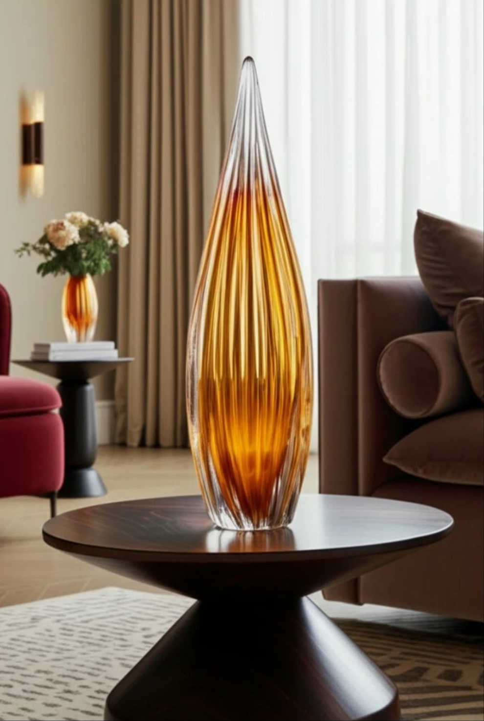 Handcrafted Glass Sculpture with Grooved Teardrop Design and Sleek Contemporary Silhouette Sculpture Decor