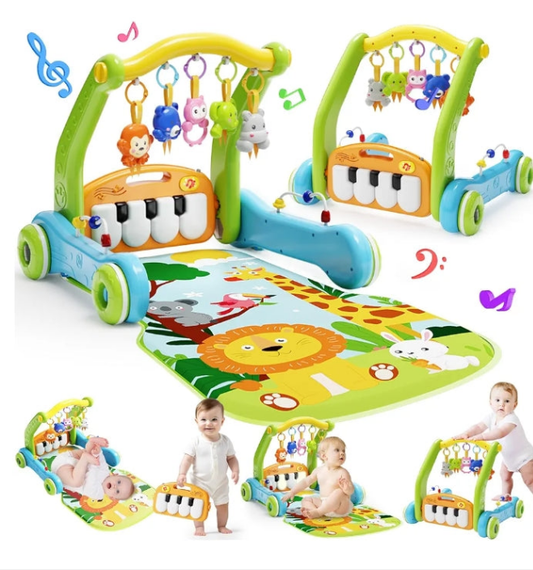 Baby Gym Play Mat with Walker, 2 IN 1 Kick and Play Piano Activity Center with Light & Music, Tummy Time Mat & Baby Push Toys for 0-6 12-18 Months, Sit-to-Stand Learning Walker for Infant Toddler Gift