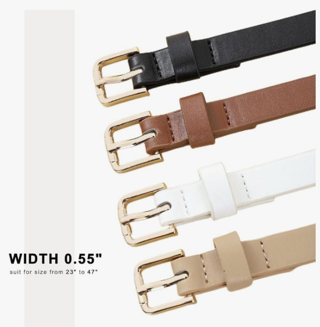 4 Pack Women Skinny Belts for Jeans Dress Thin Waist Belt for Ladies with Gold Buckle 0.55" Width