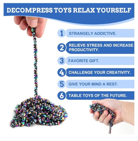 Fidget Toys for Anxiety】Each set of fidget toys has over 550 ferrite stones in a metal tin. You can gab the right account according to your hands, mash ‘em, mold ‘em, stack ‘em, Or make various shapes. When the rock slides from your fingers, feel its temp