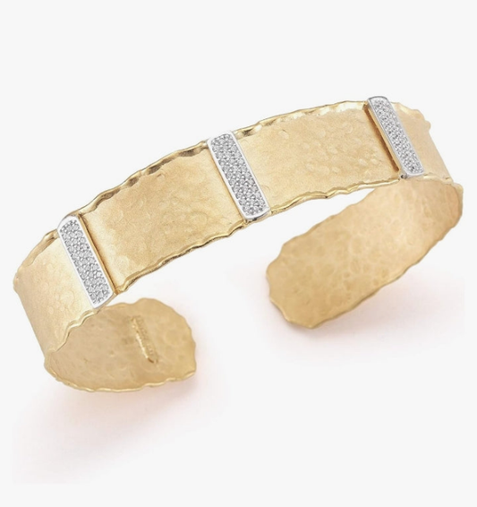 COCOMONEY 14K Yellow Gold 0.56ct TDW Diamond Hammered-finish Narrow Cuff Bracelet