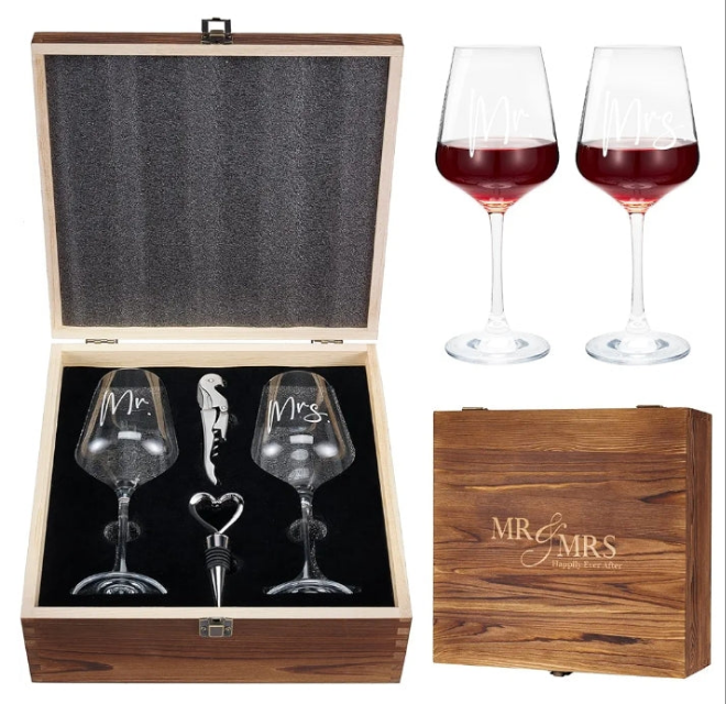 Engagement Gifts for Couples Anniversary Wedding Gifts Bridal Shower Gifts - Mr and Mrs Wine Glasses with Engraved Wooden Keepsake Box