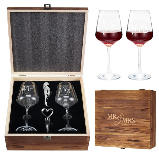 Engagement Gifts for Couples Anniversary Wedding Gifts Bridal Shower Gifts - Mr and Mrs Wine Glasses with Engraved Wooden Keepsake Box