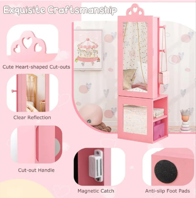 Kids Jewelry Armoire Cabinet, 46" Standing Jewelry Organizer with Full-Length Mirror, Rear Storage Shelves, Garment Rack, Kids Vanity Dress Up Mirror Jewelry Cabinet