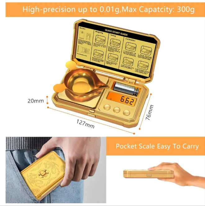 Digital Pocket Gram Scale 300g x 0.01g Accuracy， Small Mini High Precision Gold Scale Digital Weight Grams and Oz for Jewelry,Diamond，Arrows, Powders and Medicine,with 50g Cal Weights