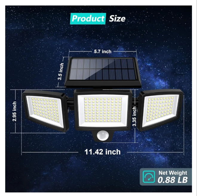 Solar Outdoor Lights 2500LM 210 LED Security Lights with Remote Control,3 Heads Motion Sensor Lights, IP65 Waterproof,270° Wide Angle Flood Wall Lights with 3 Modes(2 Packs)