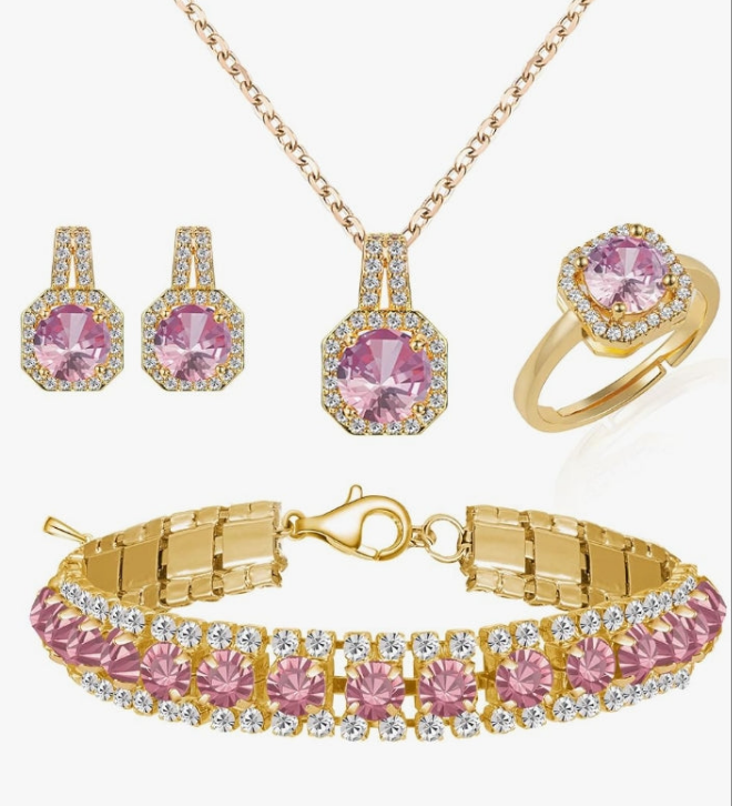 4pcs Gold plated Cubic Zirconia Wedding Jewelry Sets for Bride Bridesmaid Cubic Zirconia Pendant Necklace Earrings Link Tennis Bracelet Open Ring Set for Women Birthday/Valentine's Day/Mother's Day/Christmas