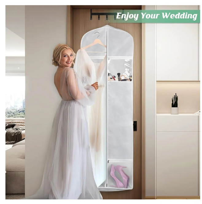 Portable 70" Wedding Dress Garment Bag with Bride Tote Bag 8'' Gusseted Dress Bags for Gowns Long 4 Pockets Dress Cover for Women, White