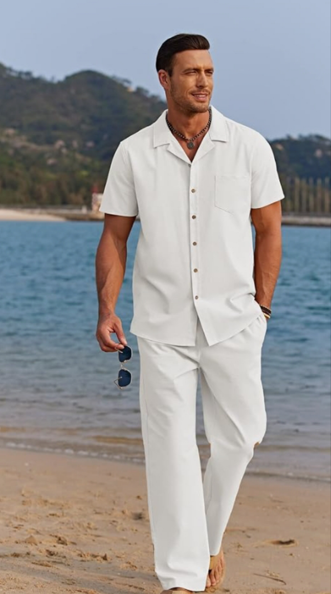 Men 2 Piece Linen Outfit Beach Button Down Shirt Casual Loose Pant Sets