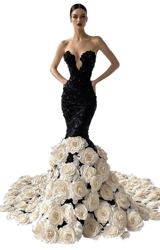 Hand Sewn Stereo Floral Fishtail Maxi Dress-Black [Custom-Made] COCOMONEY