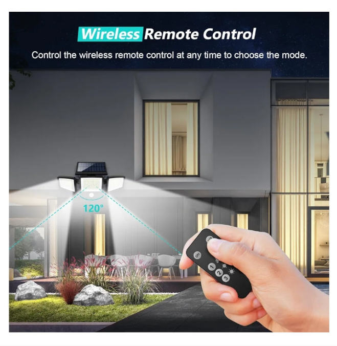 Solar Outdoor Lights 2500LM 210 LED Security Lights with Remote Control,3 Heads Motion Sensor Lights, IP65 Waterproof,270° Wide Angle Flood Wall Lights with 3 Modes(2 Packs)