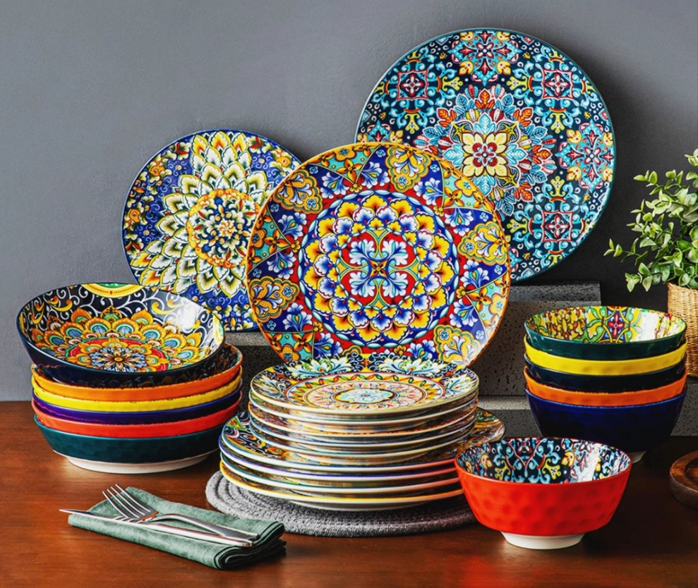 24 Piece Stoneware Dinnerware Set - Service for 6 (Set of 24) Arts design colorful works of art