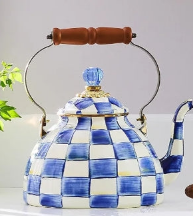 King Collection Enamel Tea Kettle, Stylish Tea Kettle for Stovetop, Royal Check, 3 Quarts