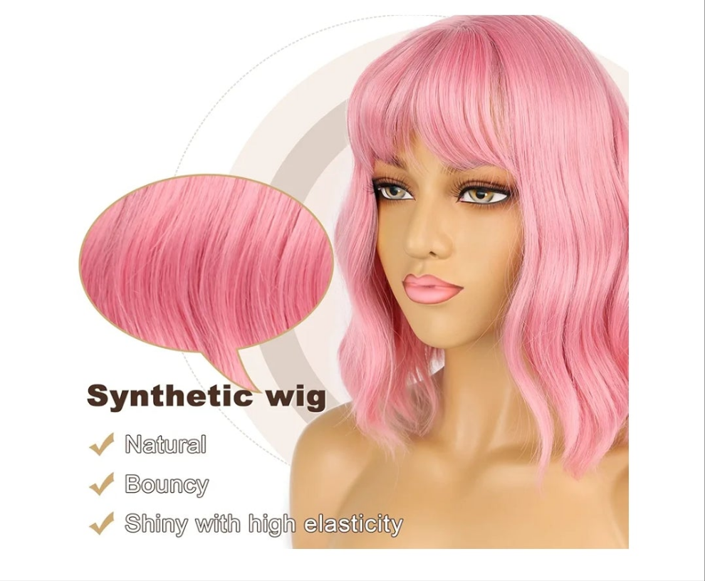 Wigs with Bangs for Women Loose Wavy Wig Pastel Wavy Shoulder Length Bob Synthetic Cosplay Wig for Girl Colorful Costume Wigs (Pink)