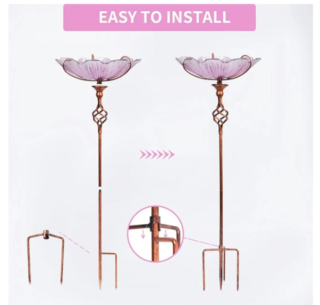 31 Inch Height Glass Birdbath Birdfeeder with Metal Stake Garden Yard Outdoor