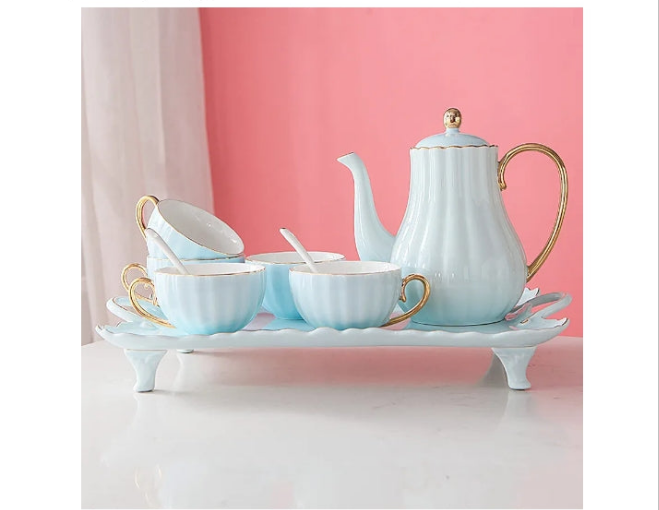Ceramic Tea Sets, China Coffee Set ，Tea Set, 8 Pieces Porcelain Tea Sets White Ceramic Tea Service for Adults 1 Teapot Set of 6 Coffee Cups with Tray and Teaspoons (Pink) (Color :