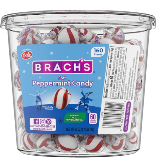 Brach's Bobs Sweet Stripes Soft Peppermint Candy, 160 Individually-Wrapped Pieces, 28 Ounce Jar