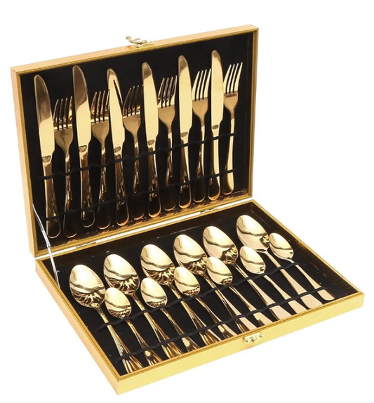 24pcs Stainless Steel Flatware Tableware Premier Quality Gold Colored Cutlery Set in attractive GoldenGift box (Golden)