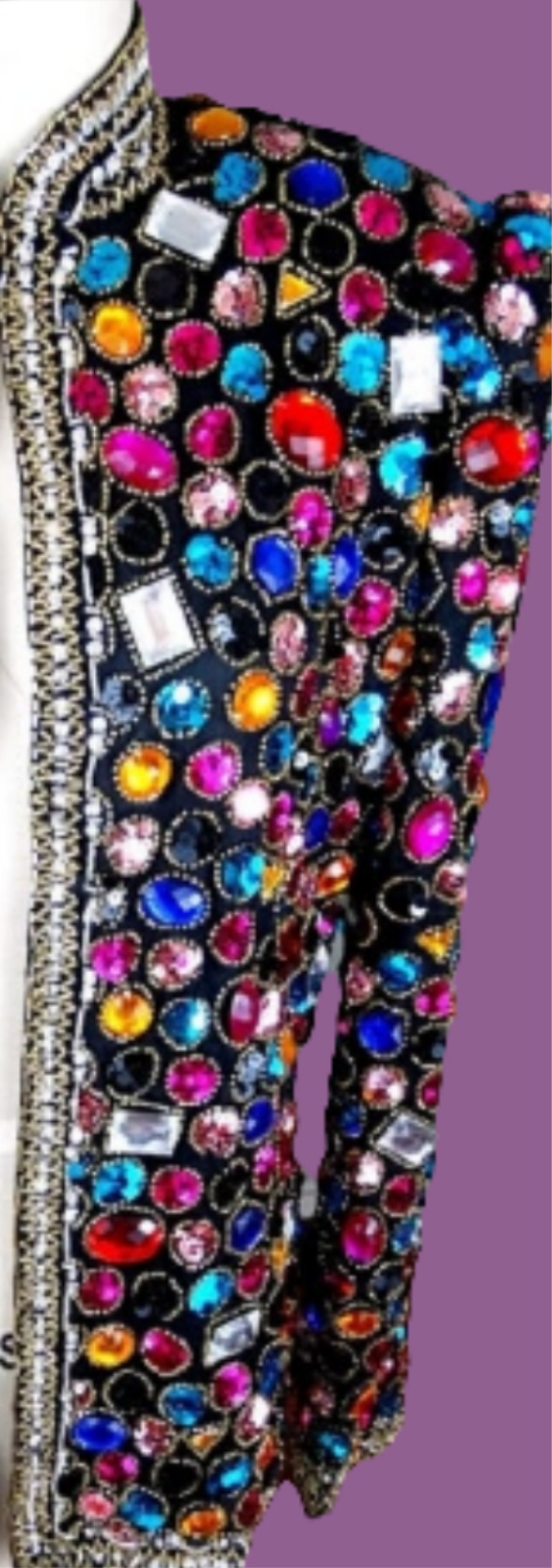 COCOMONEY Jewel Embellished Sequin Trophy Jacket // Rainbow Rhinestone Crystal Gem Beaded Evening JacketBust Medium - Bust - 36" +Shoulders - 16"
Sleeves - 21"
Top to Bottom - 24"