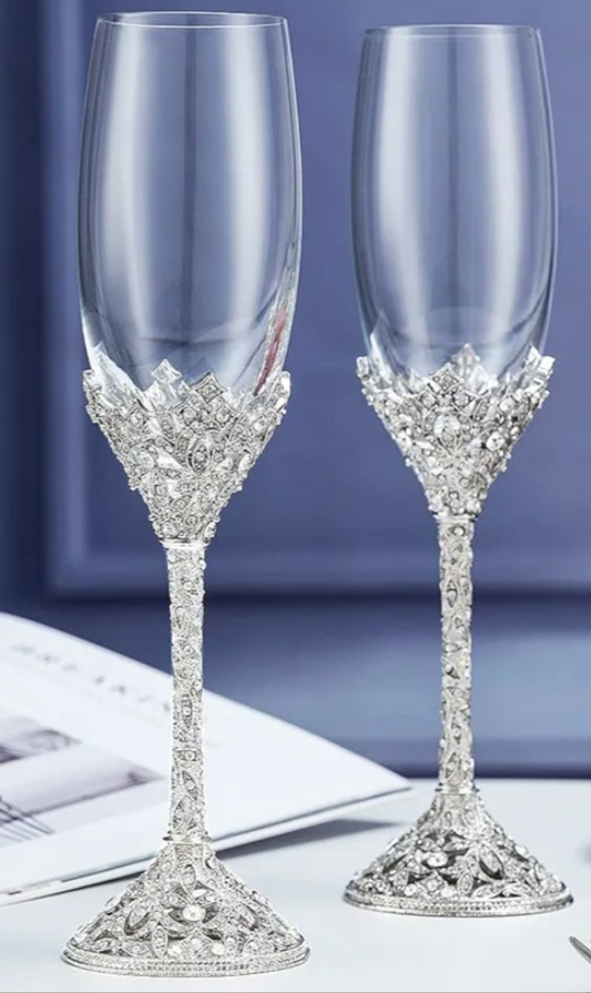 Crystal Glass Champagne Flutes Gold, Set of 2, 7oz GOLD PLATED
Gift, Metal Base, With Crystal Stones, Toasting Flute Pair, Wedding Anniversary Party Birthday Banquets, Gifts for Bride and Groom