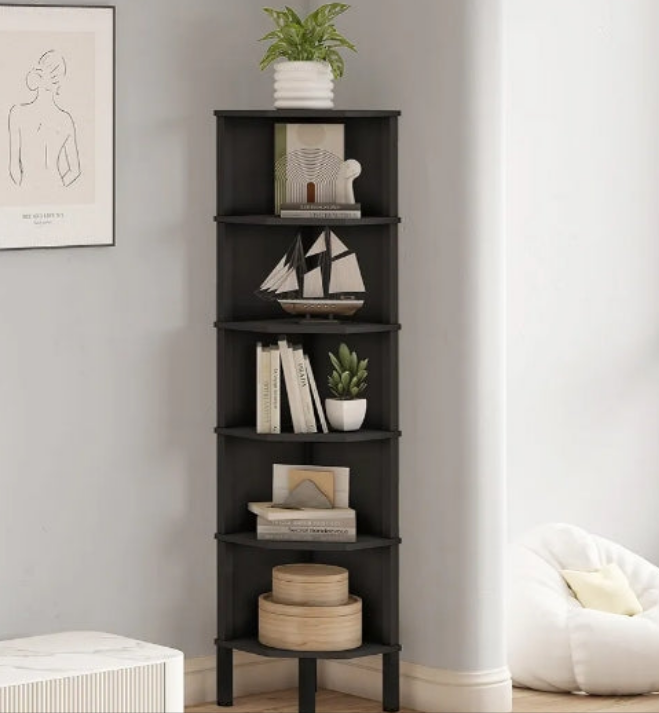 Corner Shelf, Corner Stand Rack, Freestanding Wooden Corner Bookshelf, Plant Display Shelving Unit for Small Space, Living Room, Bedroom, Office (White, 6 Tier)