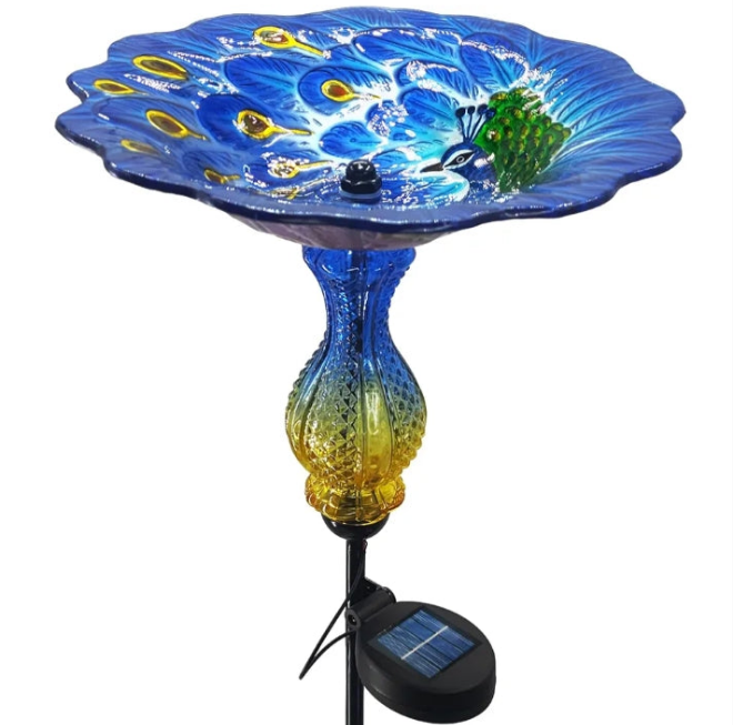 Peacock Bird Bath for Outdoor - Glass Bowl Solar Light Bird Baths Cage Outside Dish Bird Feeder with Metal Stake for Garden, Yard and Patio - 32 inches