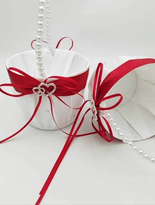 2 Pcs Wedding Flower Girl Baskets with with Pearl Handle, White Satin Flower Storage Basket with Double Heart Rhinestone Craft for Engagement Ceremony Party Decor