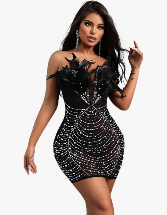 COCOMONEY RHINESTONE feather dress hot