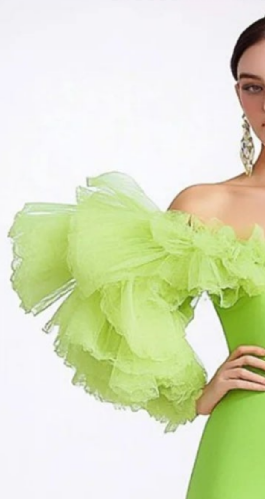 Off Shoulder Mesh Ruffle Sleeve Tiered Maxi Dress-Green [Custom-Made] COCOMONEY