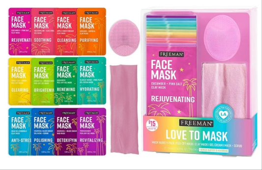 14 Piece Love To Mask Variety Pack, Face Masks For All Skin Types, Hydrate, Detoxify, & Clear Skin, Exfoliating Scrub, Bonus Headband & Skin Buffer, Stocking Stuffer, Cruelty-Free & Vegan
