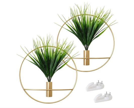 Set of 2 Artificial Plants with Gold Metal Round Hanging Hoop for Wall Decor, Wall-Mounted Green Fake Plants in Metal Hoop for Modern Home Decor, Gold Wall Decor for Bedroom, Living Room