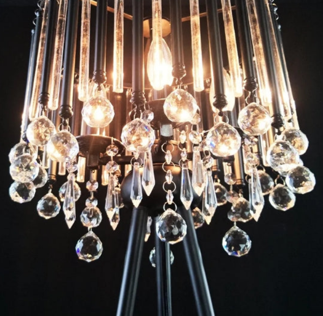 Unique Romance Crystal Tripod Floor Lamp Black Suitable for Bedroom,Living Room,Coffee Shop,4 Lights