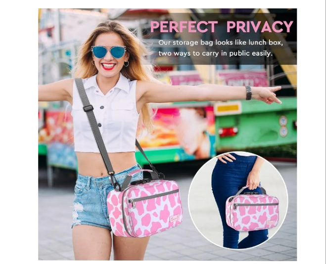 Large Storage Bag with 11 Small Items, Portable Storage Case with Combination Lock For Home and Travel(Cute Cow Print)Pink and white