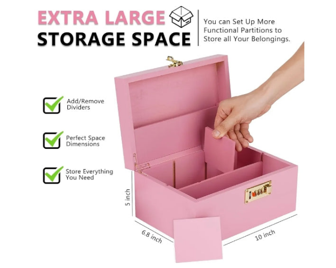 Large Bamboo Box with Combination Lock Decorative box for Home Great Gift Choice Storage Lockbox with Storage Jar, Tray, Resealable Bags and More