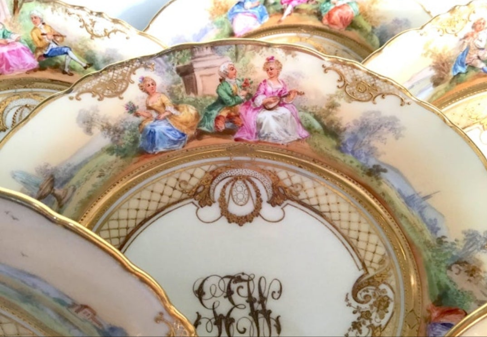 Dresden Ambrosius Lamm Footed Cups and Dessert Plates Set for 10 Hand Painted