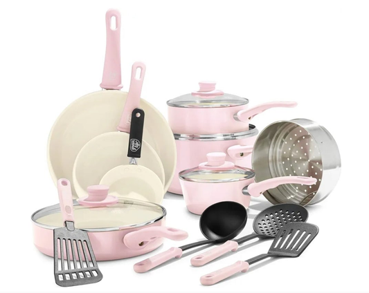 Soft Grip 16 Piece Cookware Set, Non-Toxic PFAS-Free Ceramic Nonstick, Frying, Sauce, Saute, Utensils, Glass Lids, Stay-Cool Handles, Wobble Free, Dishwasher & Oven Safe, Soft Pink