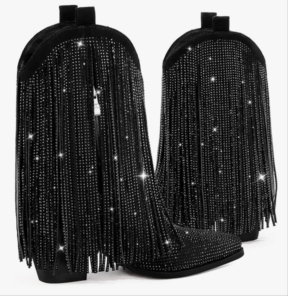 Cowgirl Boots Rhinestone with Sparkly Fringe Pointed Toe Western Boot Chunky Heel Pull-On Wide Calf