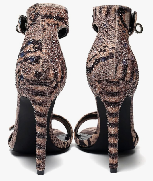 Snake Print Rhinestone Ankle Strap Stiletto Sandals Open Toe & Turn Lock Party/Wedding/Nightclub Shoes
