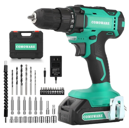 COMOWARE 20V Cordless Drill, Electric Power Drill Set with 1 Battery & Charger, 3/8” Keyless Chuck, 2 Variable Speed, 266 In-lb Torque, 25+1 Position and 34pcs Drill/Driver