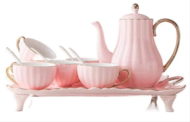 Ceramic Tea Sets, China Coffee Set ，Tea Set, 8 Pieces Porcelain Tea Sets White Ceramic Tea Service for Adults 1 Teapot Set of 6 Coffee Cups with Tray and Teaspoons (Pink) (Color :