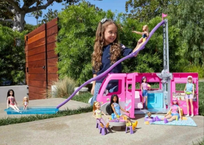 Camper Playset, DreamCamper Toy Vehicle with 60 Doll-Sized Accessories Including Furniture, Pool & 30-inch Slide