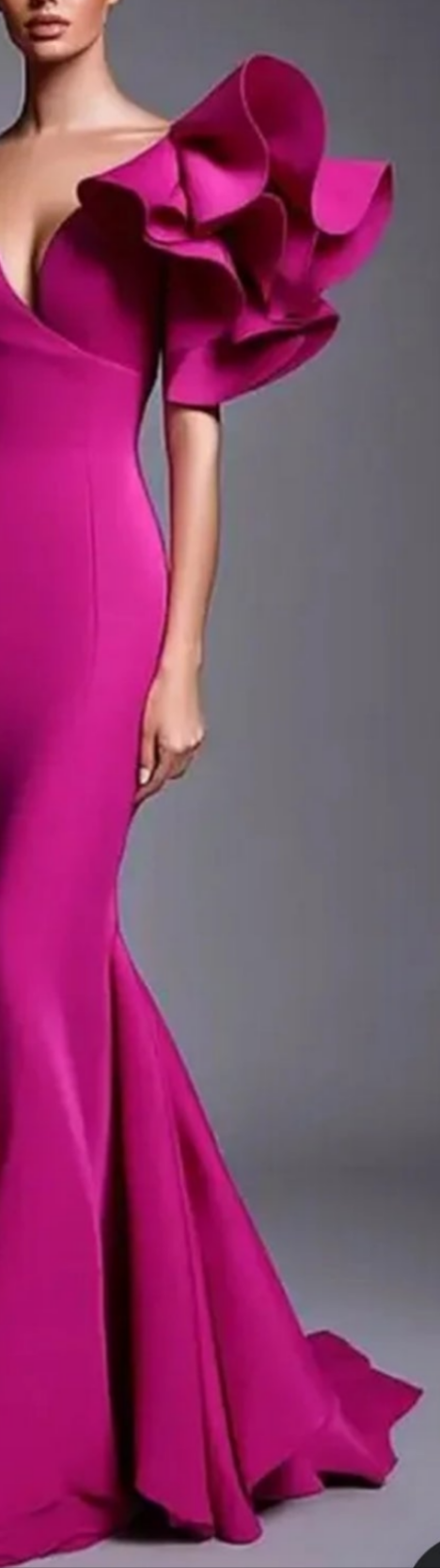 V Neck Ruffle Sleeve Mermaid Maxi Dress-Magenta [Custom-Made]COCOMONEY