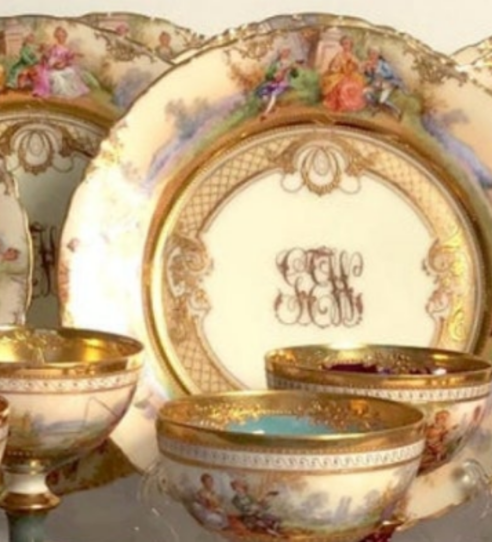 Dresden Ambrosius Lamm Footed Cups and Dessert Plates Set for 10 Hand Painted