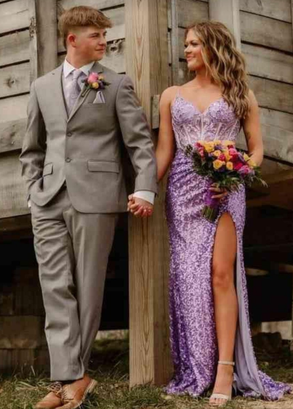 Spaghetti Strap Sequin Wedding Dress with Slit Sparkly Lace Appliques Mermaid Formal Evening Gown for Women