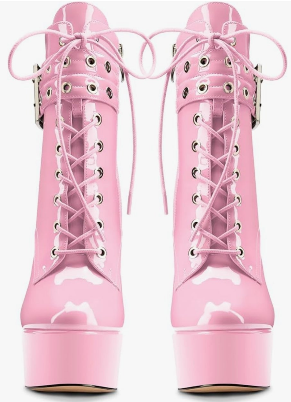 Womens Stiletto High Heel Platform Ankle Boots Round Toe Lace-up Zipper Mid Calf Buckle Patent Leather Dress Booties