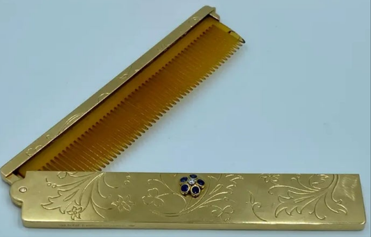 18k Gold 1940s Van Cleef & Arpels 18k gold hair comb in caseround cut diamond and round cut sapphires. Blue Sapphire.