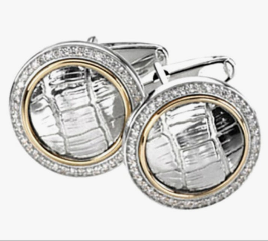 2-Tone Diamond Halo Cuff Links with Croc Pattern, Sterling Silver, 14k Yellow Gold (.50 Ctw, GH Color, Clarity I1)